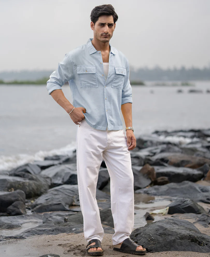 Light Blue Linen Double Pocket Shirt - Image 5