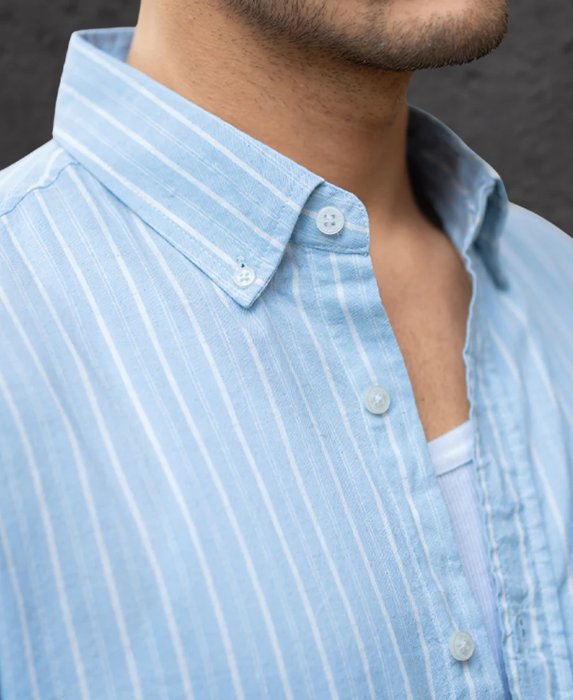 Light Blue Linen Stripe Shirt - Image 3