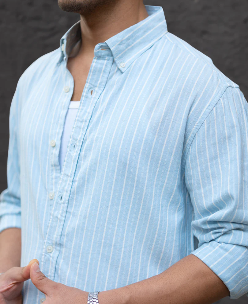 Light Blue Linen Stripe Shirt - Image 4