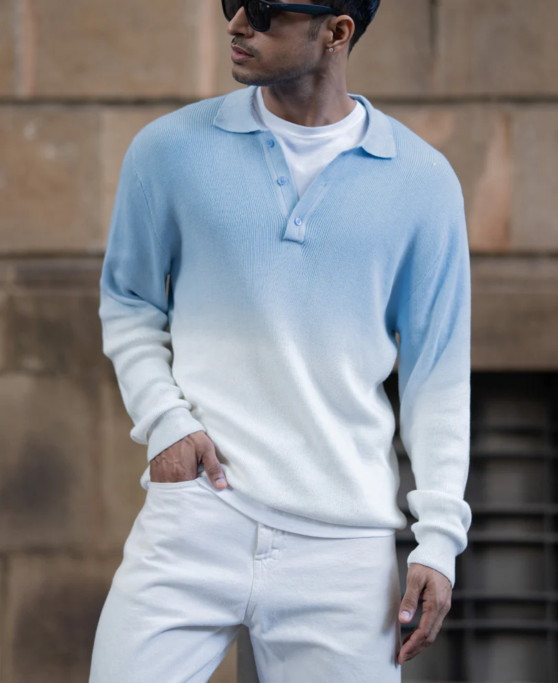 Light Blue Ombre Knit T-Shirt 100% Cotton - Image 2