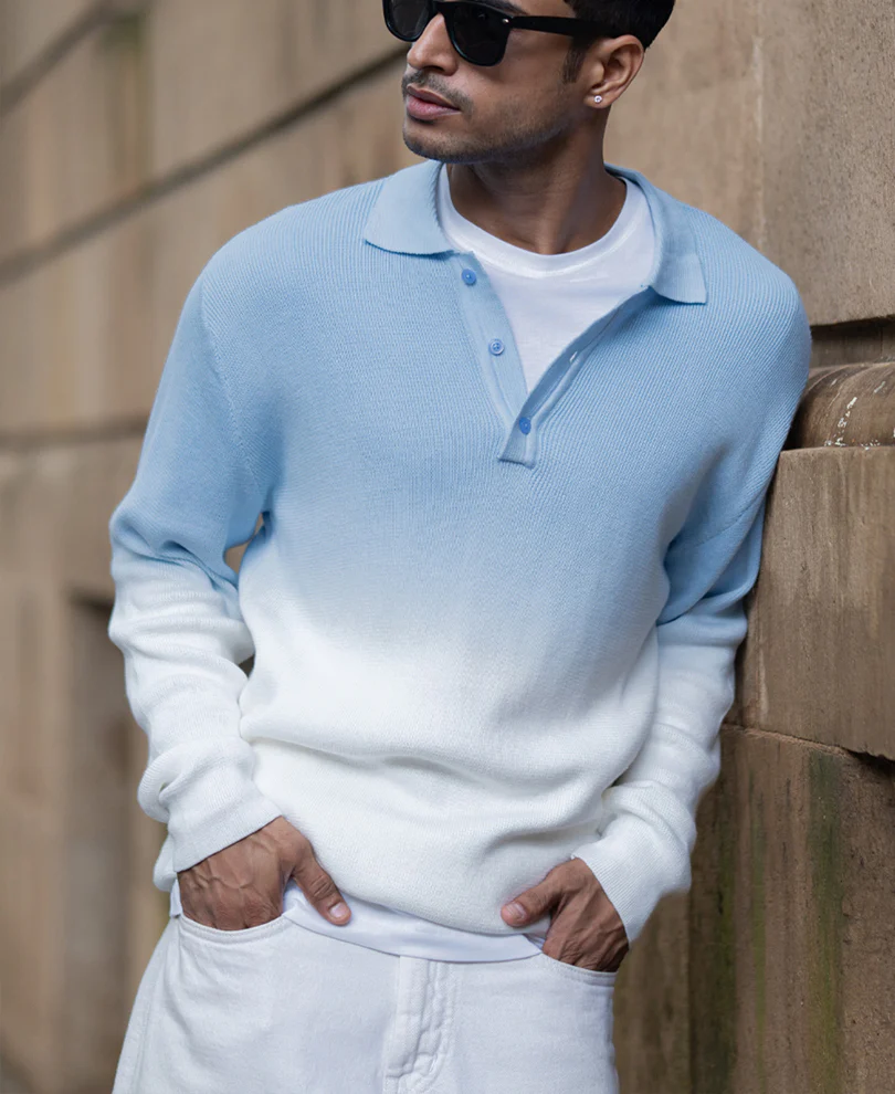 Light Blue Ombre Knit T-Shirt 100% Cotton - Image 3