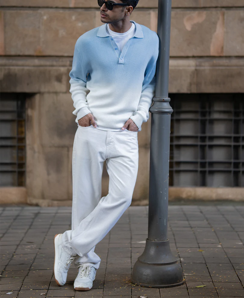 Light Blue Ombre Knit T-Shirt 100% Cotton - Image 7