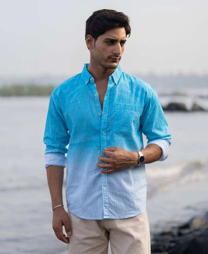 Blue Sprayed Stripe Shirt 100% Cotton - Image 3