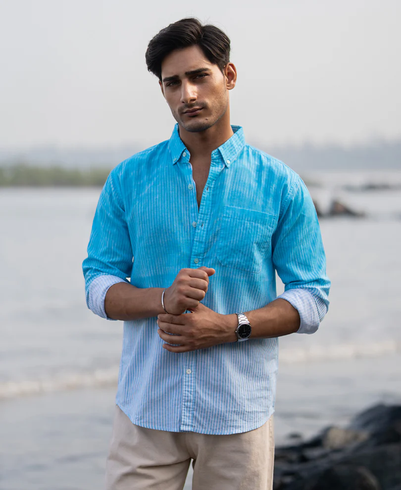 Blue Sprayed Stripe Shirt 100% Cotton - Image 4