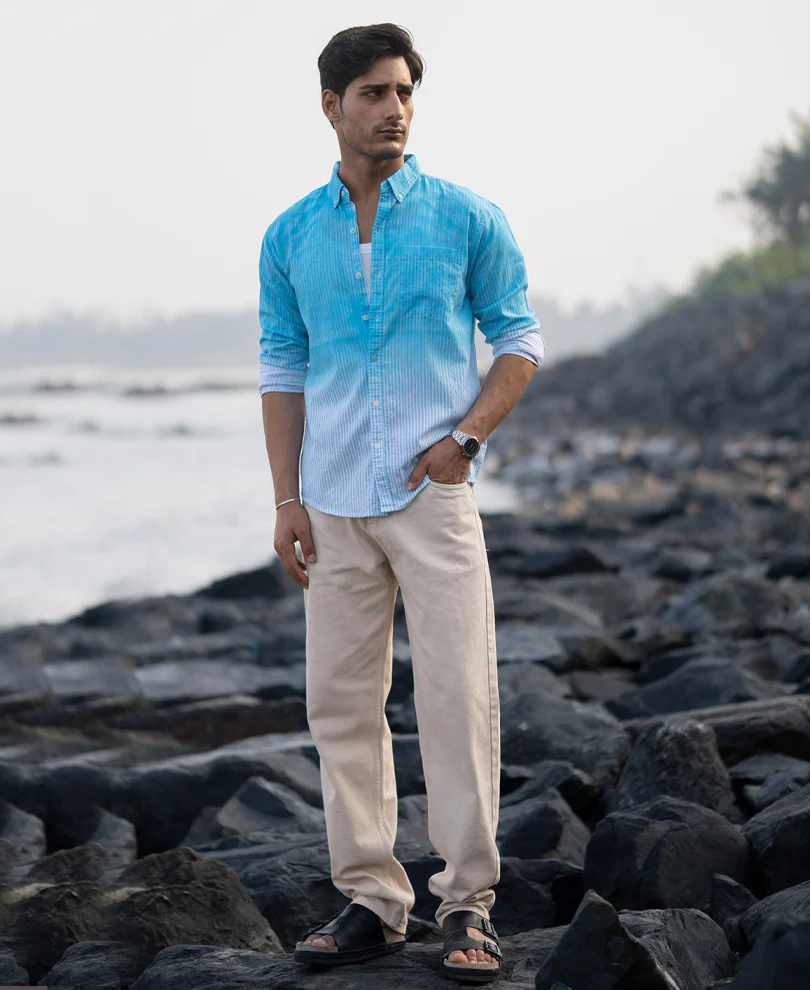 Blue Sprayed Stripe Shirt 100% Cotton - Image 7
