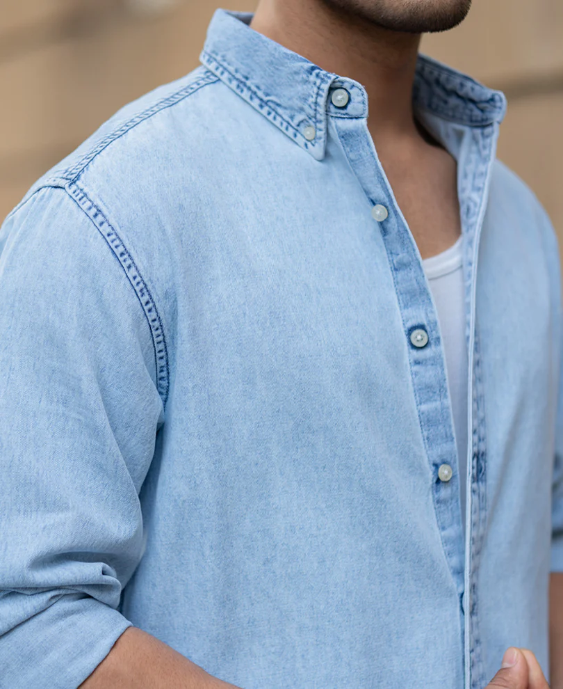 Light Blue Washed Button Down Shirt 100% Cotton - Image 3