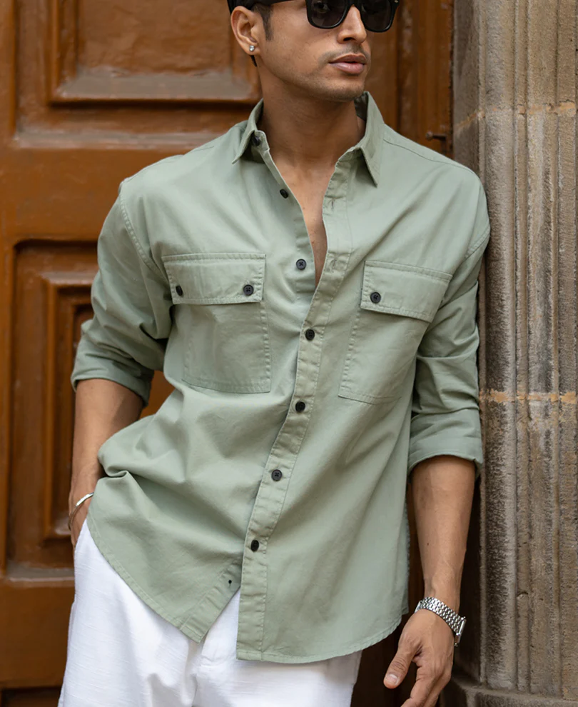 Light Green Double Pocket Lightweight Shirt 100% Cotton - Image 2