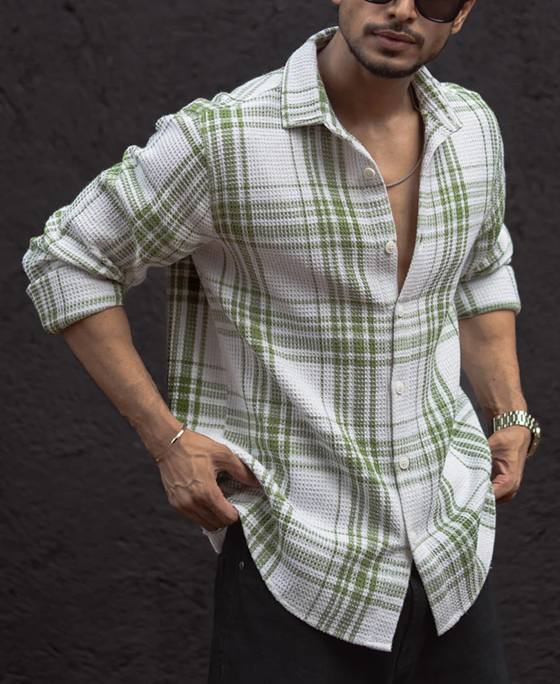 Light Green Waffle Checks Regular Fit Full Sleeves Shirt - Image 2