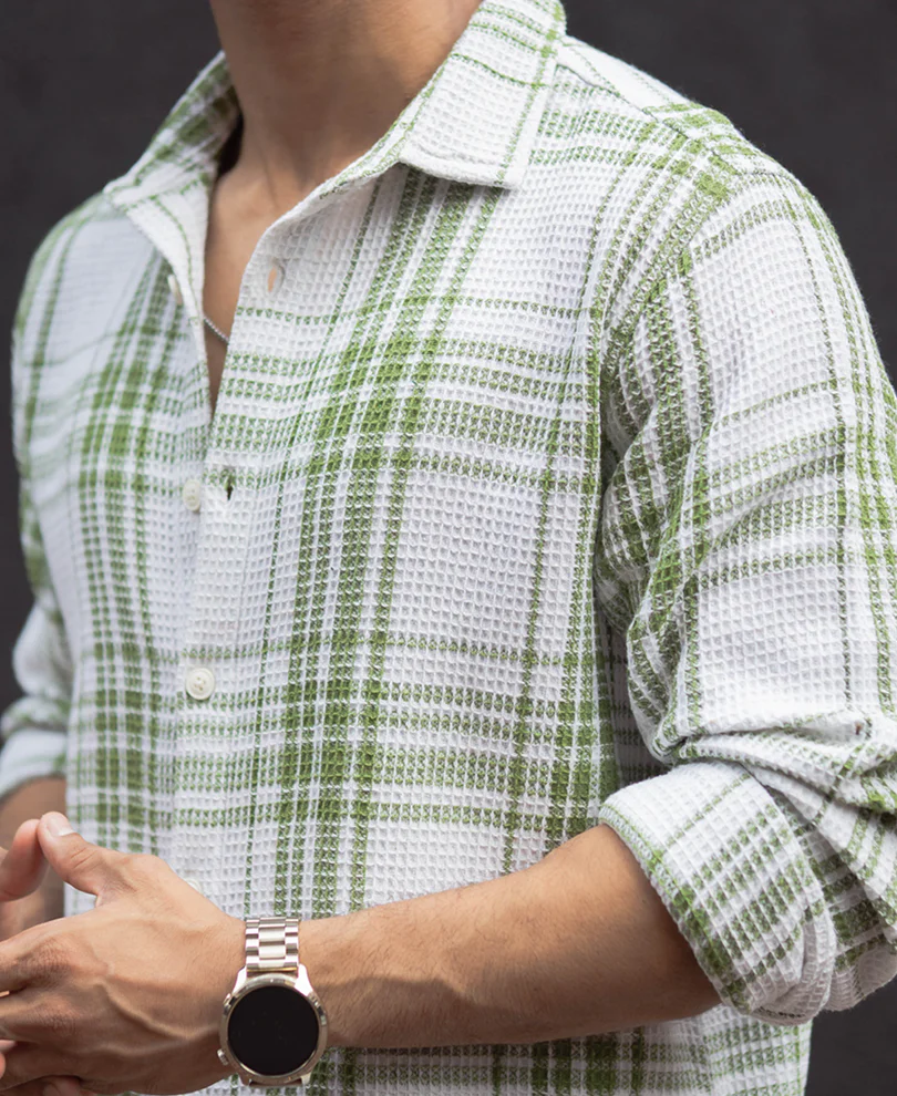 Light Green Waffle Checks Regular Fit Full Sleeves Shirt - Image 5