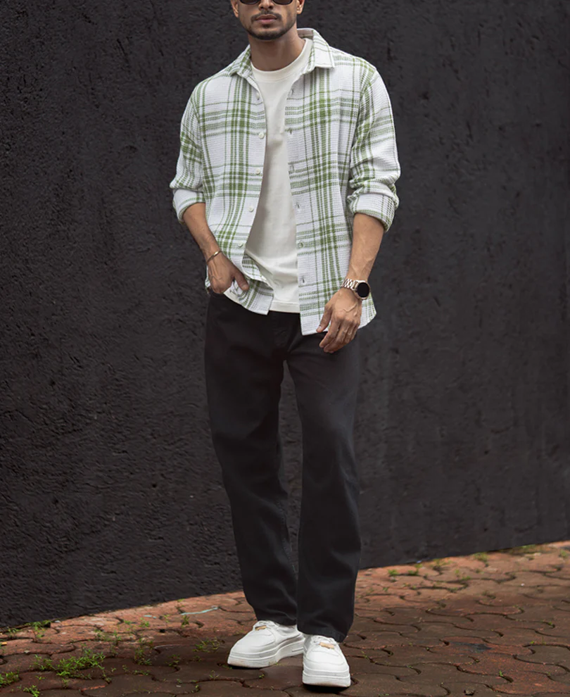 Light Green Waffle Checks Regular Fit Full Sleeves Shirt - Image 6