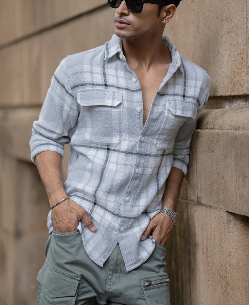 Light Grey Structured Checks Shacket Oversize Drop Shoulder Shirt - Image 3