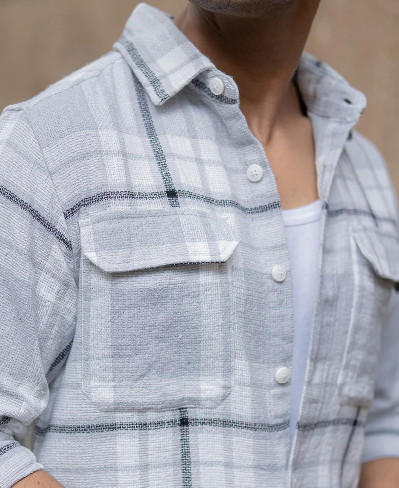Light Grey Structured Checks Shacket Oversize Drop Shoulder Shirt - Image 4