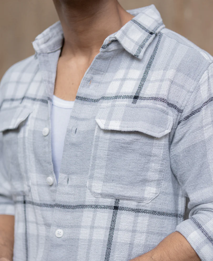 Light Grey Structured Checks Shacket Oversize Drop Shoulder Shirt - Image 5