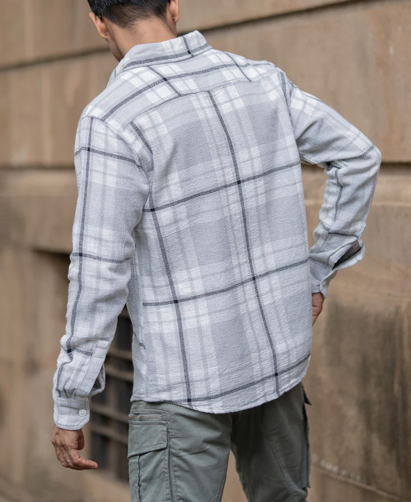 Light Grey Structured Checks Shacket Oversize Drop Shoulder Shirt - Image 6