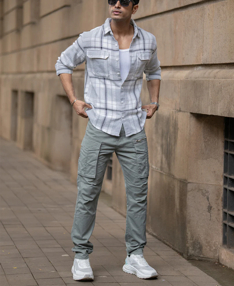 Light Grey Structured Checks Shacket Oversize Drop Shoulder Shirt - Image 7