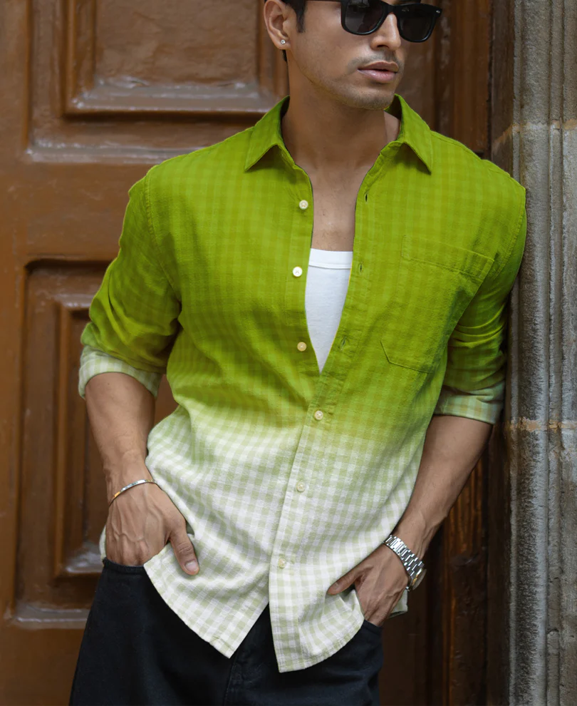 Lime Green Ombre Checks Shirt 100% Cotton - Image 2