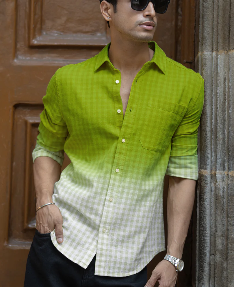 Lime Green Ombre Checks Shirt 100% Cotton - Image 3
