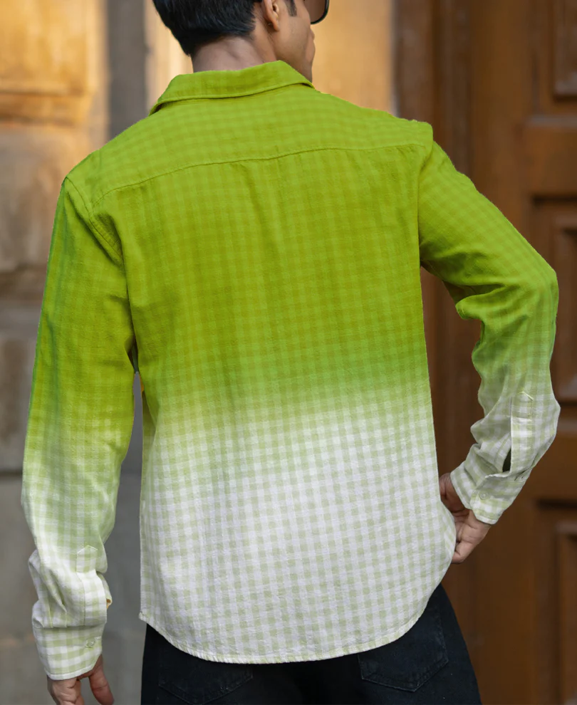 Lime Green Ombre Checks Shirt 100% Cotton - Image 4