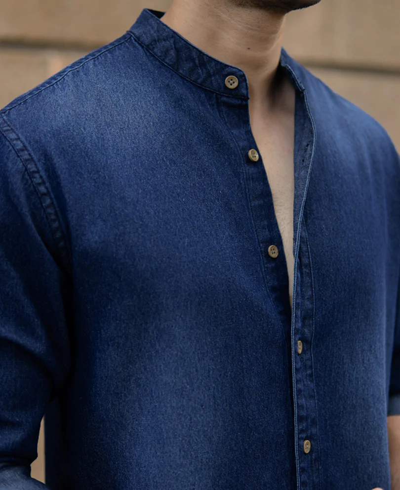 Mandarin Collar Denim Shirt 100% Cotton - Image 3