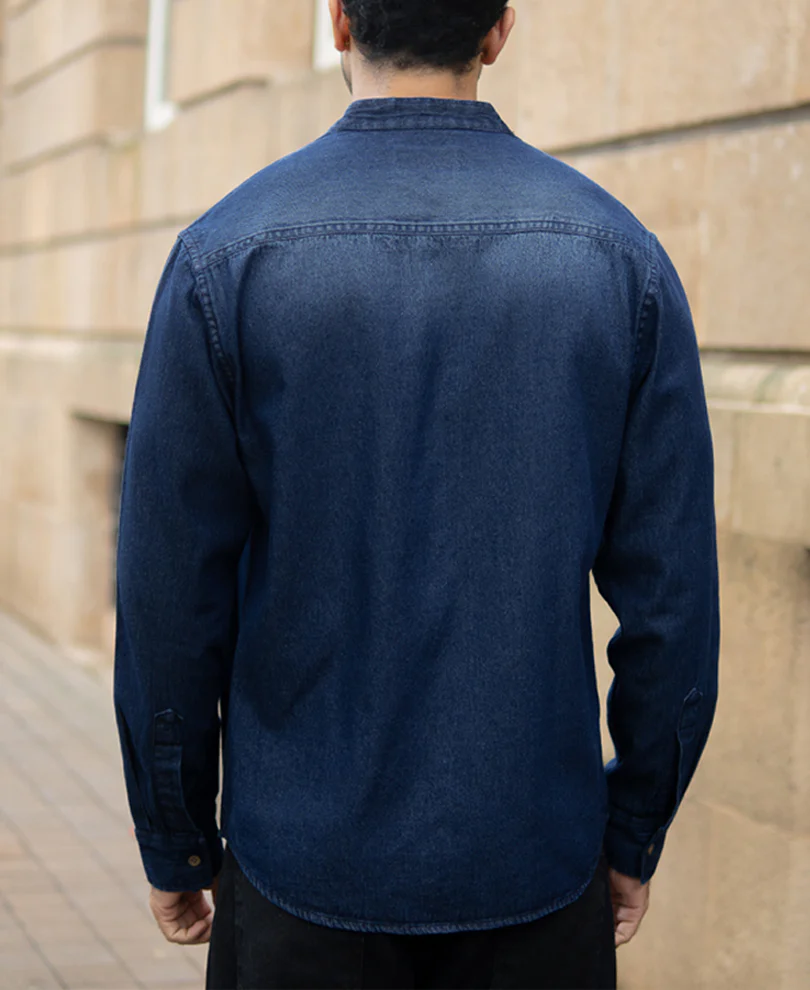 Mandarin Collar Denim Shirt 100% Cotton - Image 5