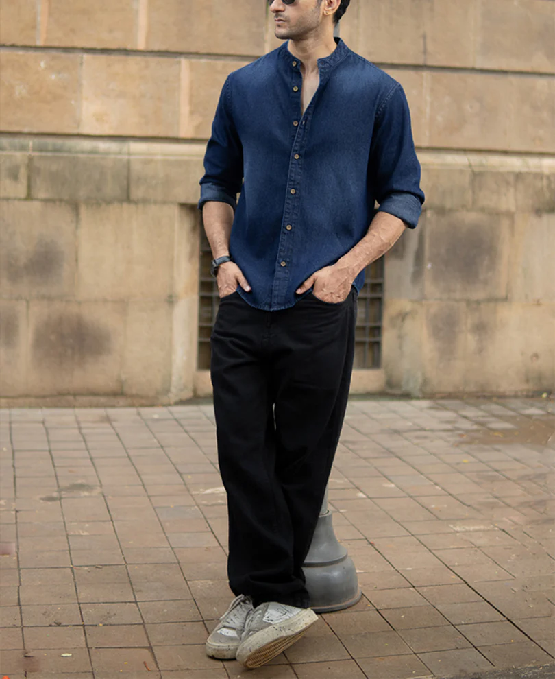 Mandarin Collar Denim Shirt 100% Cotton - Image 6