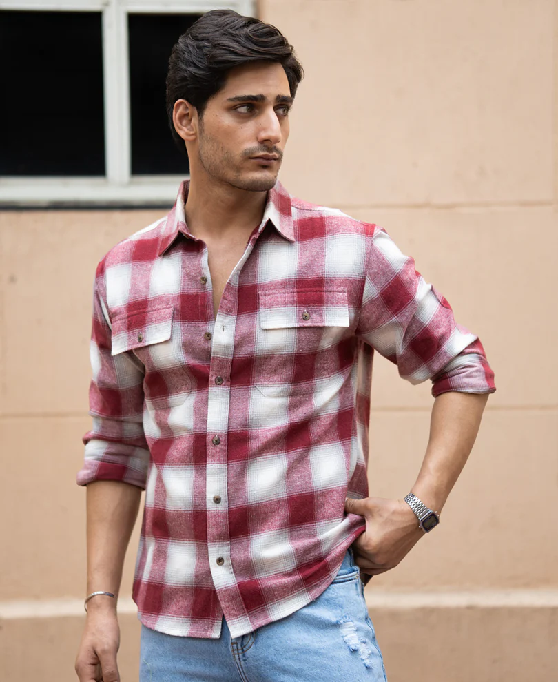 Maroon Checks Double Pocket Shirt - Image 2