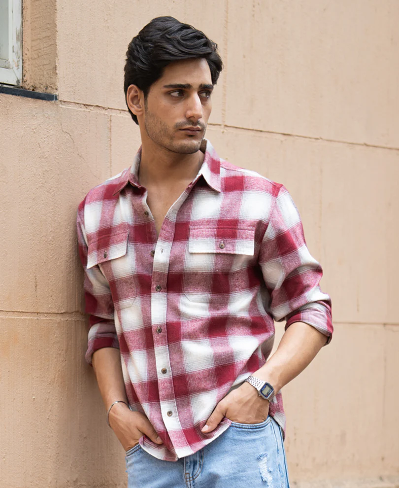 Maroon Checks Double Pocket Shirt - Image 3