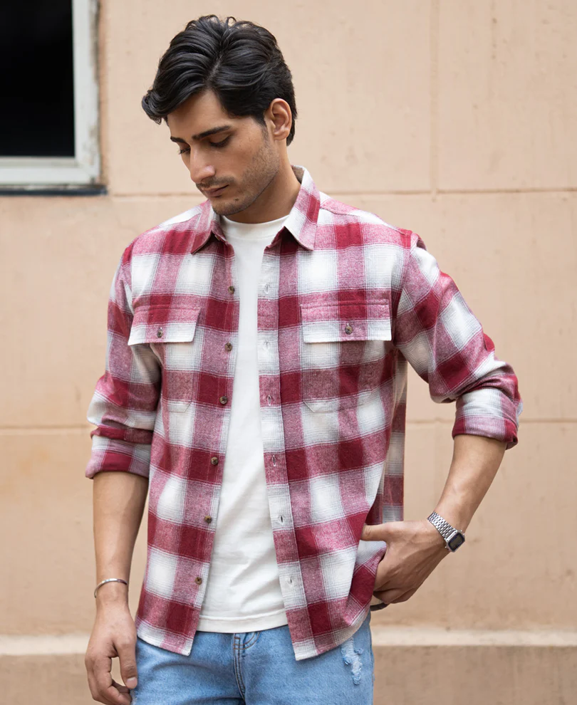 Maroon Checks Double Pocket Shirt - Image 4