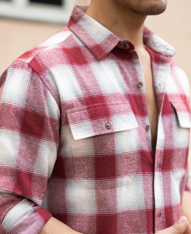 Maroon Checks Double Pocket Shirt - Image 5