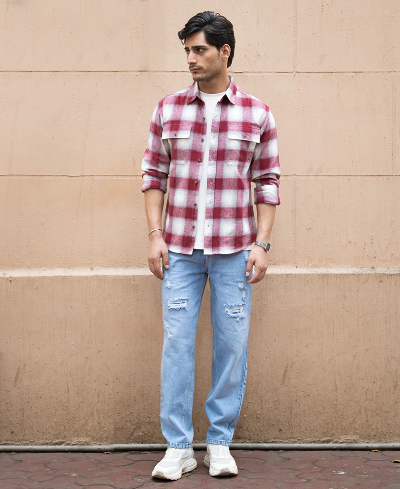 Maroon Checks Double Pocket Shirt - Image 8