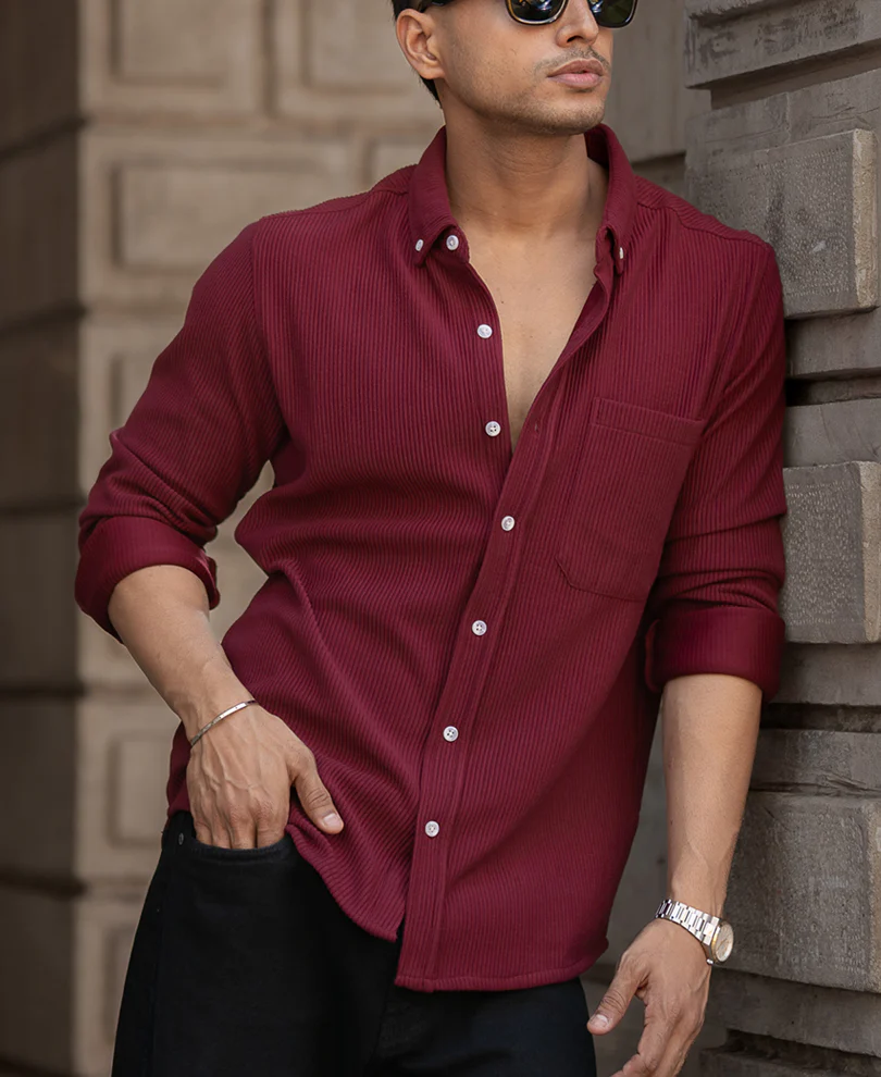 Maroon Corduroy Regular Full Sleeves Shirt - Image 2