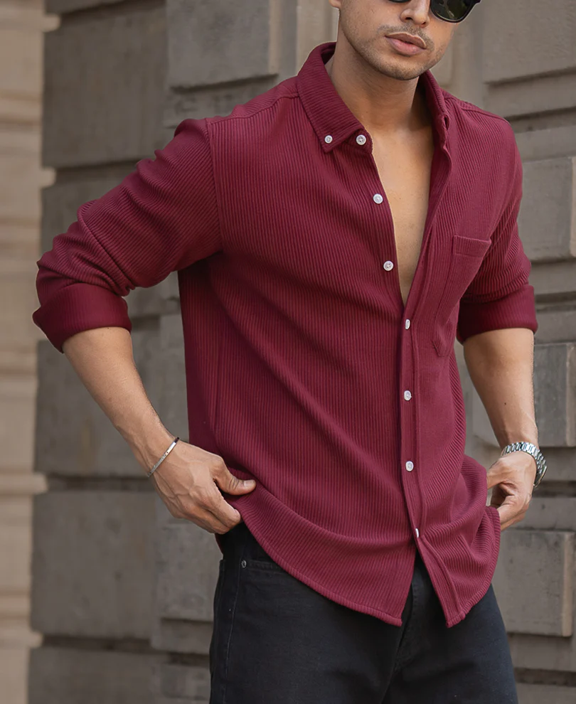 Maroon Corduroy Regular Full Sleeves Shirt - Image 3