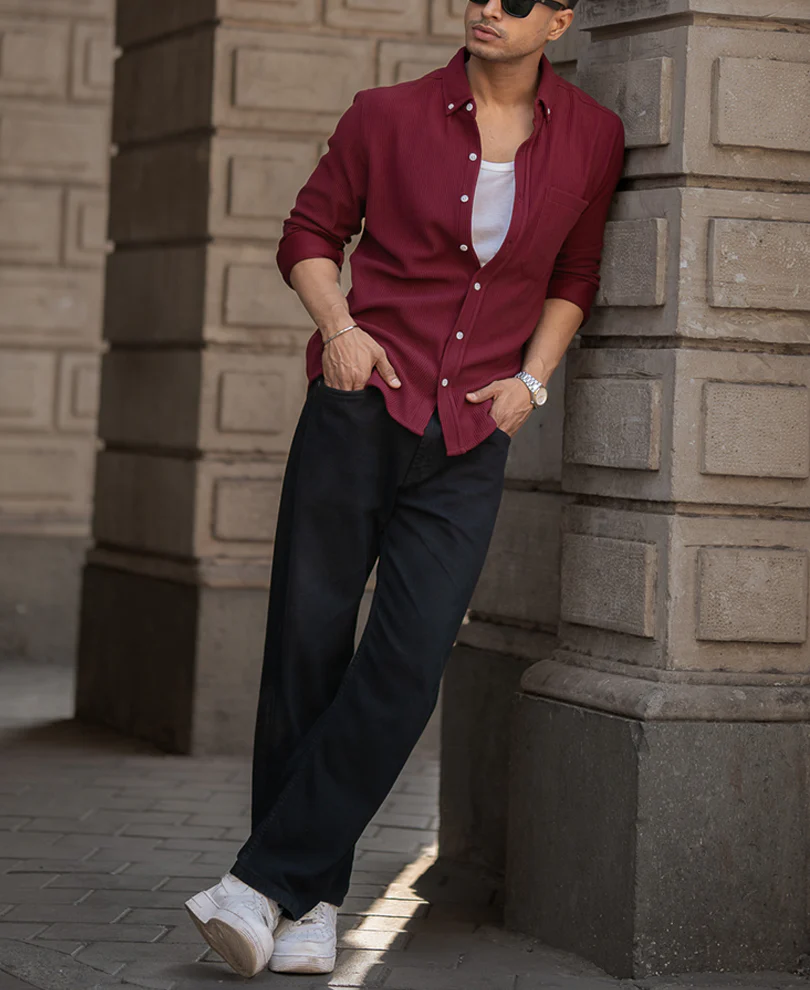 Maroon Corduroy Regular Full Sleeves Shirt - Image 7