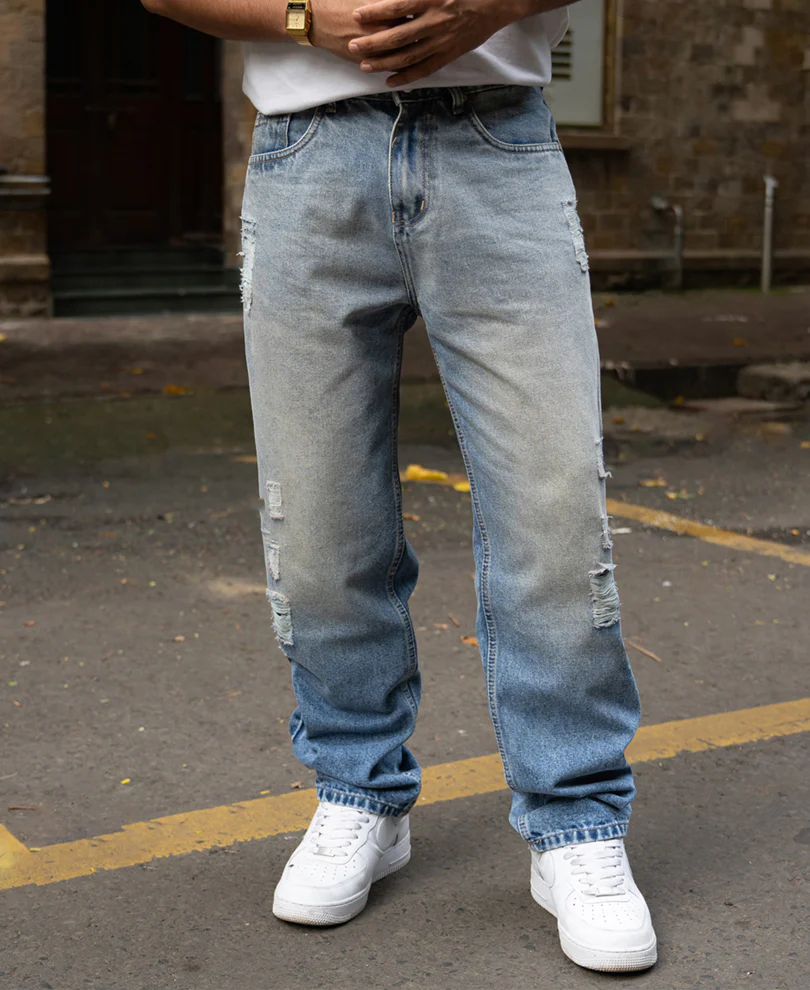 Mid Blue Baggy Distressed Jeans 100% Cotton - Image 2