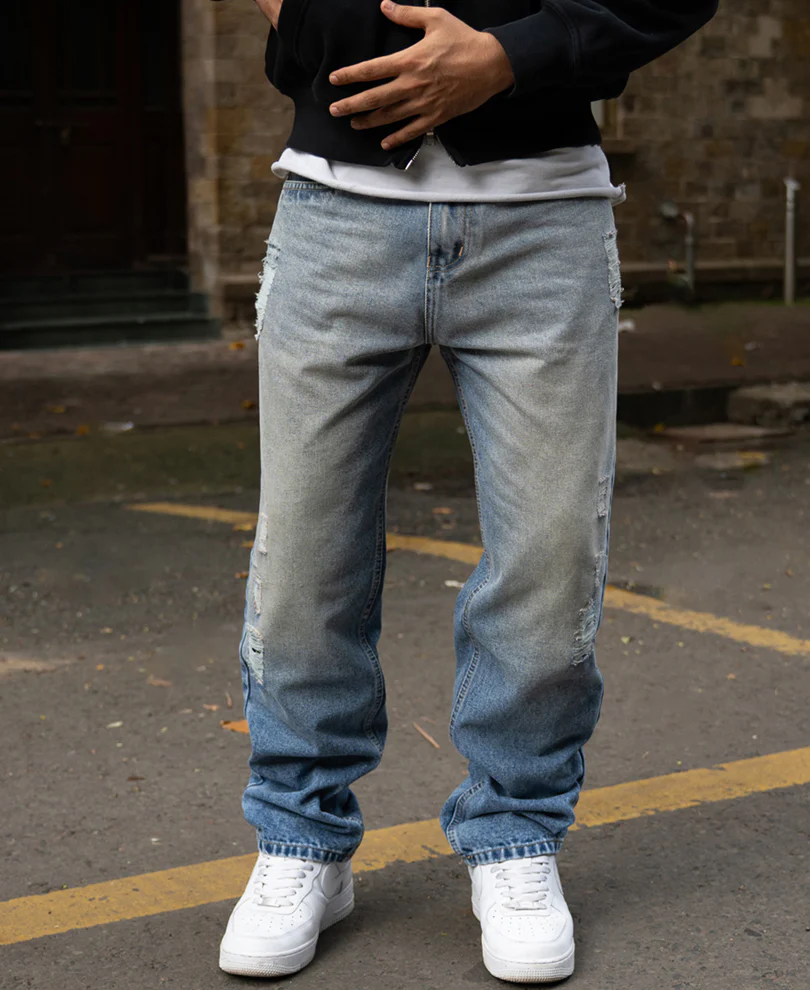 Mid Blue Baggy Distressed Jeans 100% Cotton - Image 3