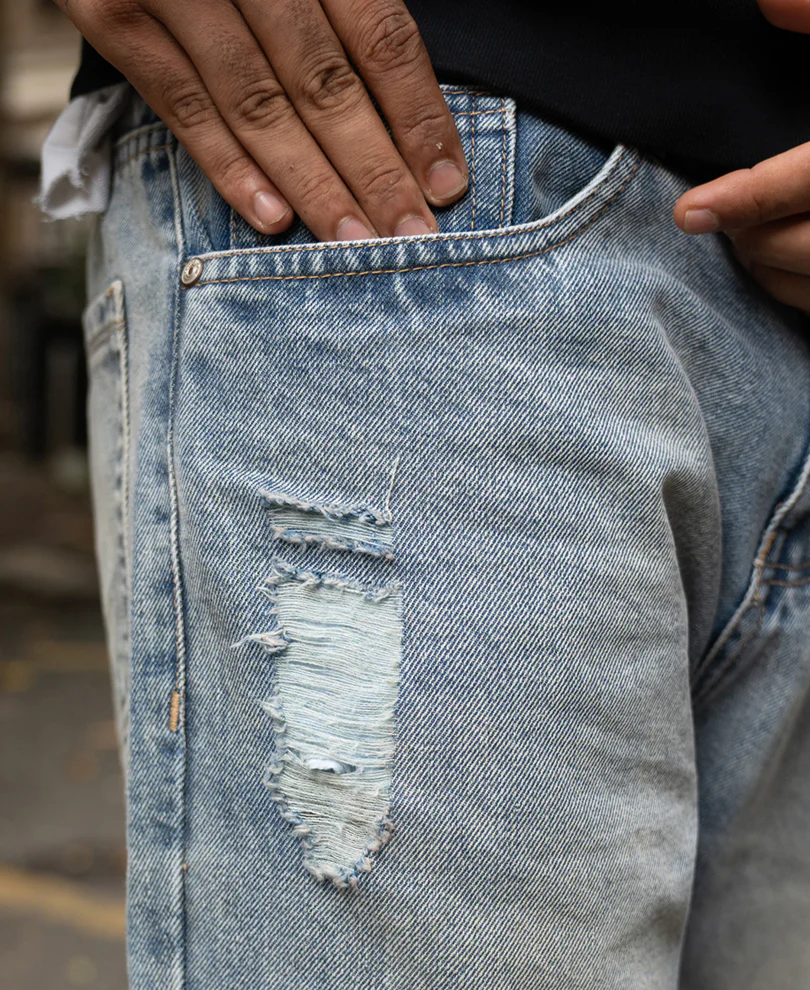 Mid Blue Baggy Distressed Jeans 100% Cotton - Image 4