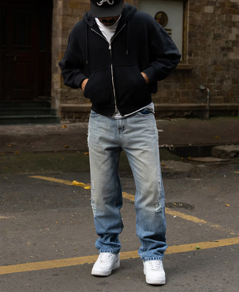 Mid Blue Baggy Distressed Jeans 100% Cotton - Image 6