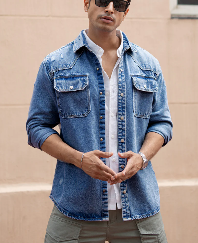 Mid Blue Distressed Denim Overshirt - Image 2