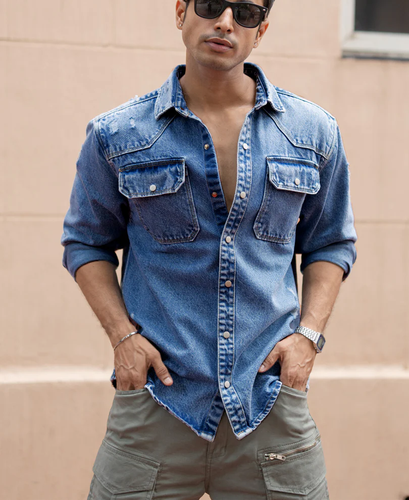 Mid Blue Distressed Denim Overshirt - Image 3