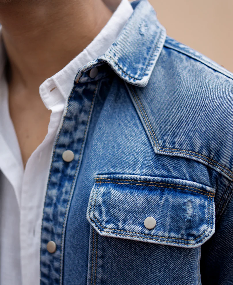 Mid Blue Distressed Denim Overshirt - Image 4