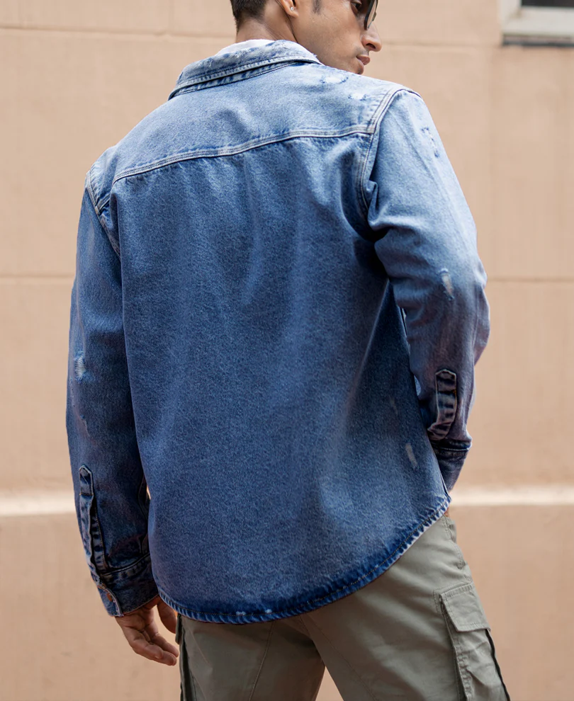 Mid Blue Distressed Denim Overshirt - Image 5