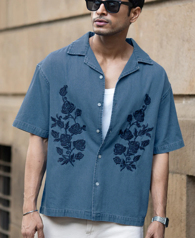 Mid Blue Embroidered Denim Shirt 100% Cotton - Image 2
