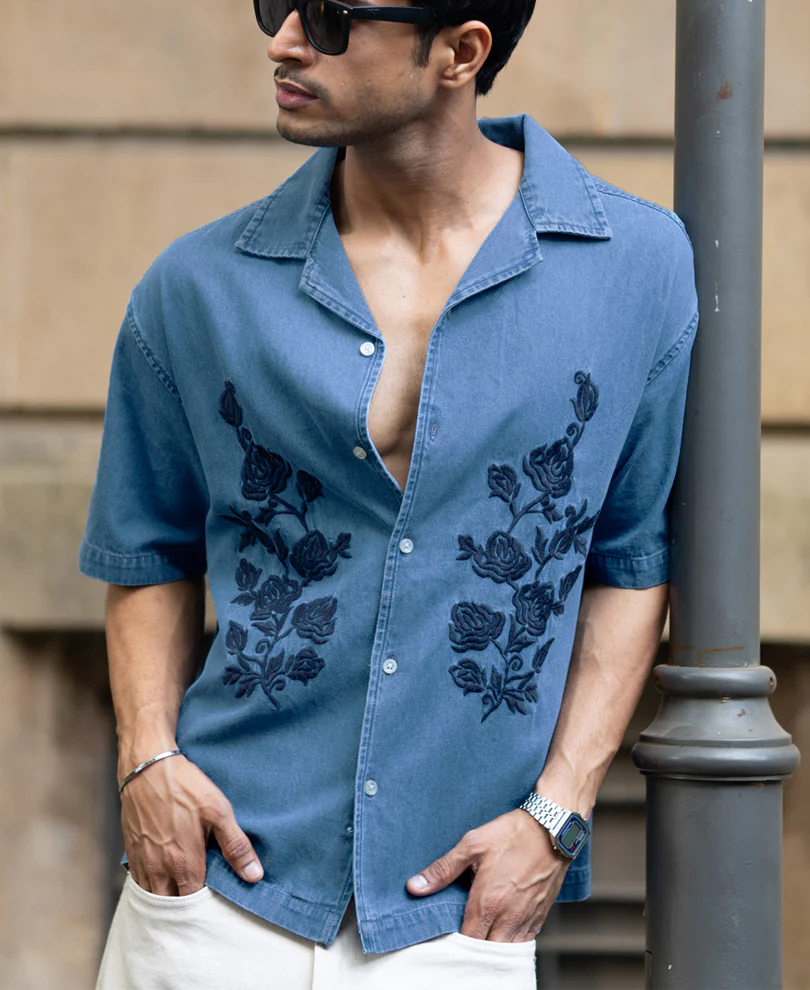 Mid Blue Embroidered Denim Shirt 100% Cotton - Image 3