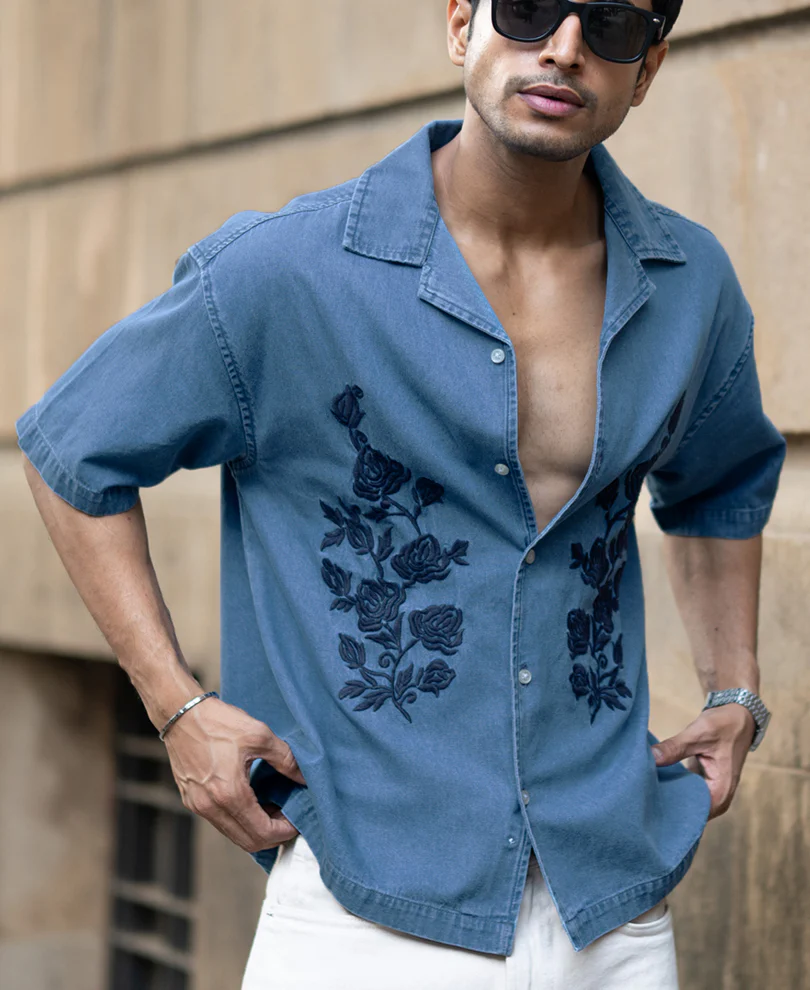 Mid Blue Embroidered Denim Shirt 100% Cotton - Image 4