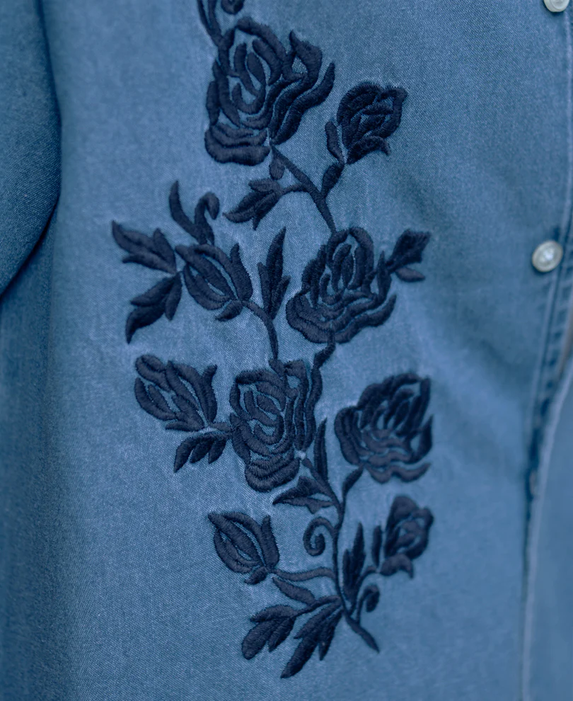 Mid Blue Embroidered Denim Shirt 100% Cotton - Image 5