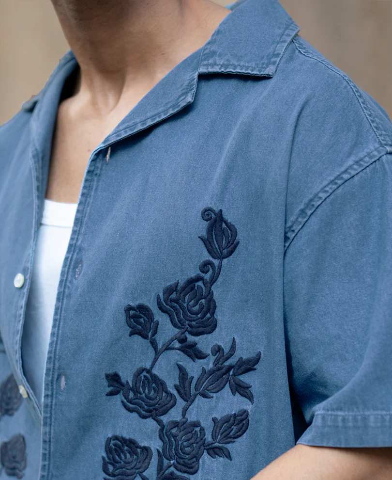 Mid Blue Embroidered Denim Shirt 100% Cotton - Image 6