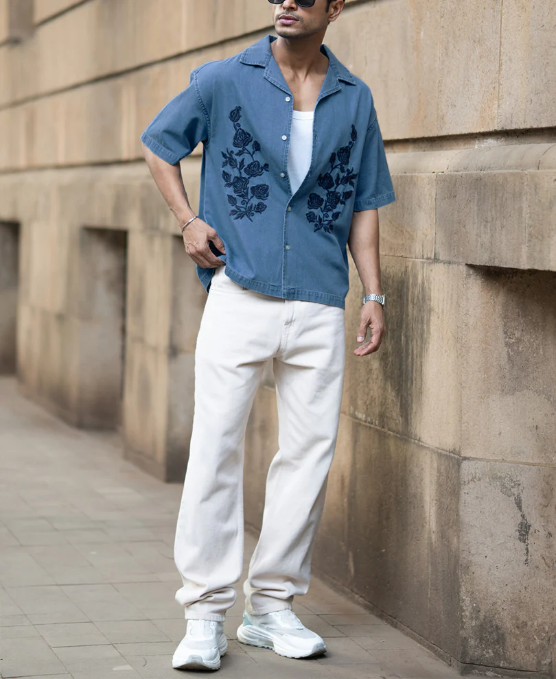 Mid Blue Embroidered Denim Shirt 100% Cotton - Image 8