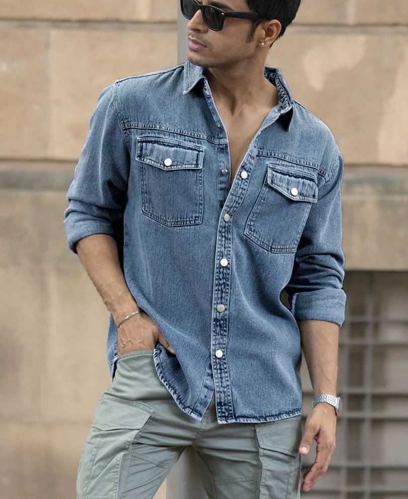 Mid Blue Washed Denim Regular Fit Overshirt 100% Cotton - Image 3