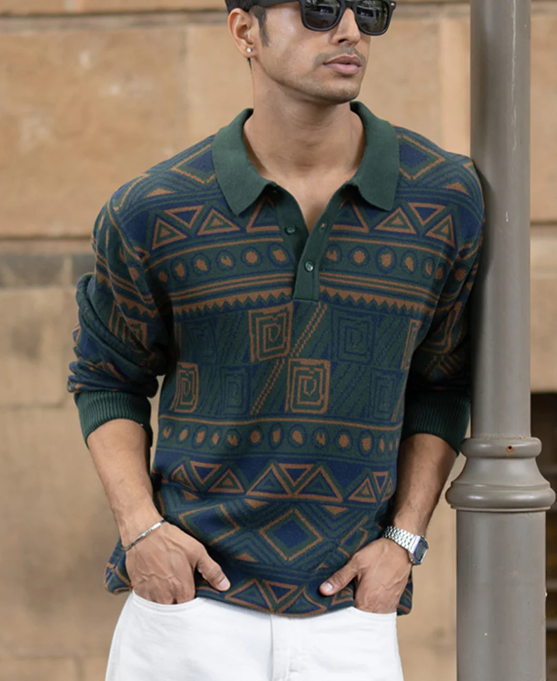 Multicolour Geometric Jacquard Knit T-Shirt 100% Cotton - Image 2