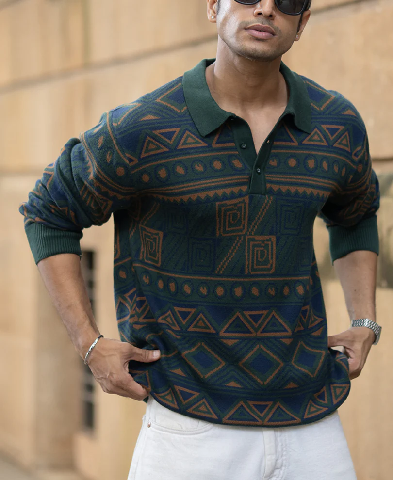 Multicolour Geometric Jacquard Knit T-Shirt 100% Cotton - Image 3